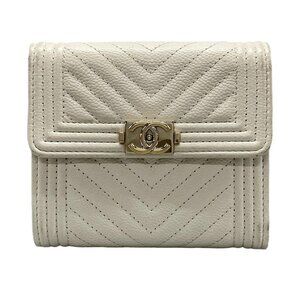 CHANEL Boy Chanel Cream Calfskin Trifold Wallet Gold hardware